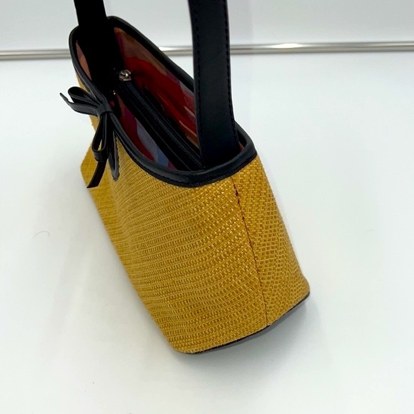 Cole Haan East-West Natural Tan Straw Satchel with Black Leather Bow and Trim - Picture 5 of 9